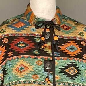 Flashback Ladies Lg Southwestern Jacket Metal Buttons Wooden Details Pockets